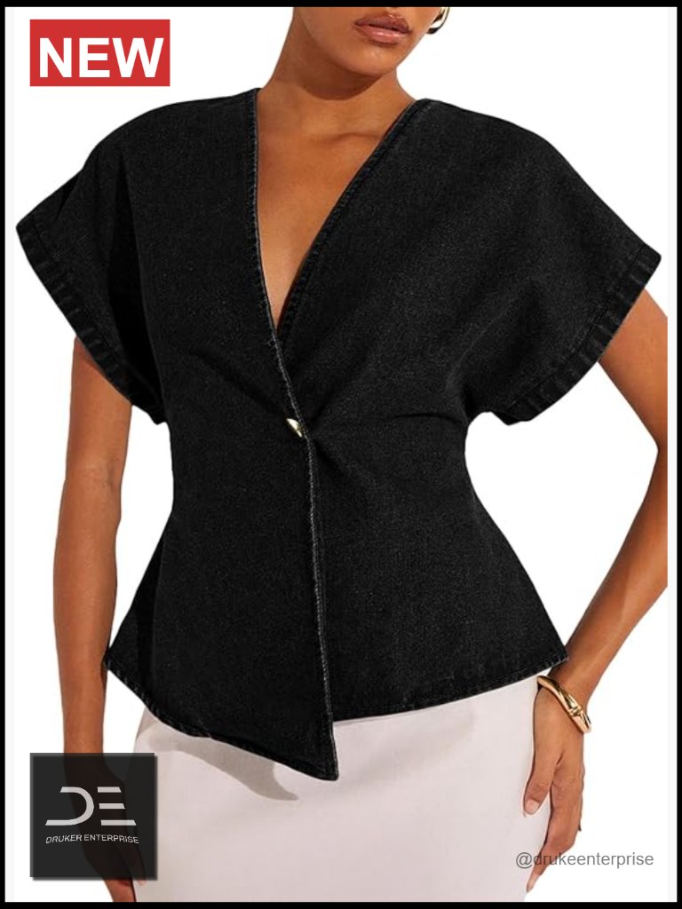 Womens Denim Shirt Short Sleeve Button Down V Neck Blouse Summer Top